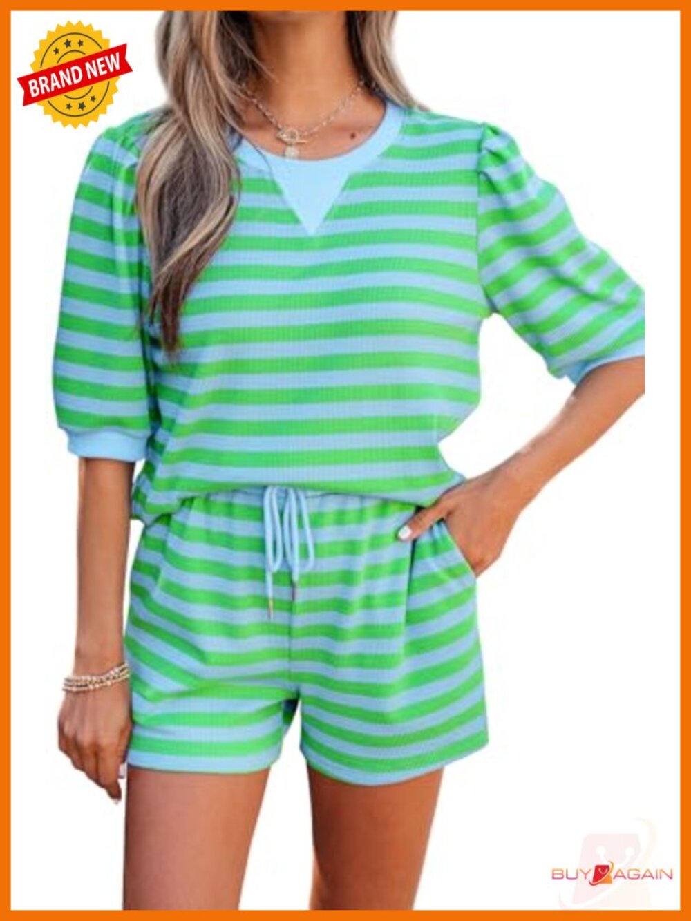 Striped Puff Sleeve Short Set Loungewear